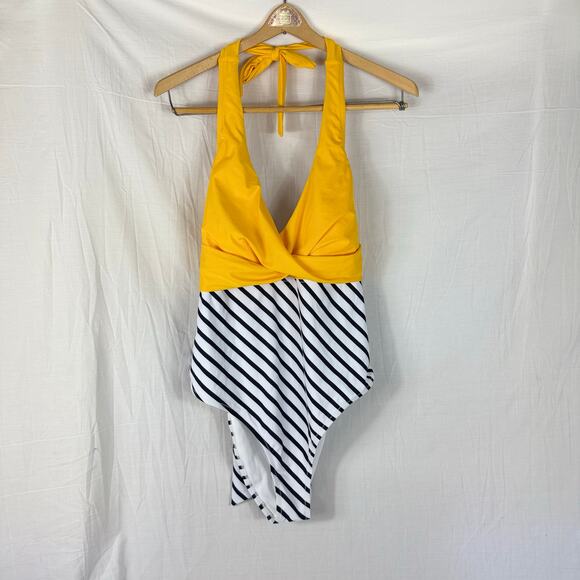 NEW Cupshe Women's Yellow Halter Top Striped Bottom One Piece Swimsuit Size XXL - Picture 1 of 8